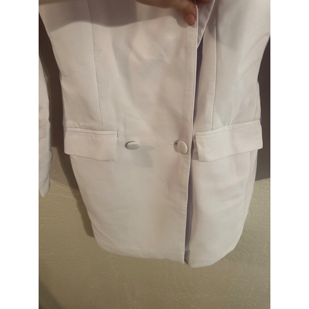 Y Lichi White Cotton Two Button Plunge V Neck Long Blazer Professional Dress - Picture 6 of 14